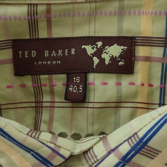 Ted Baker Plaid Button Down Dress Shirt Yellow - Picture 4 of 4
